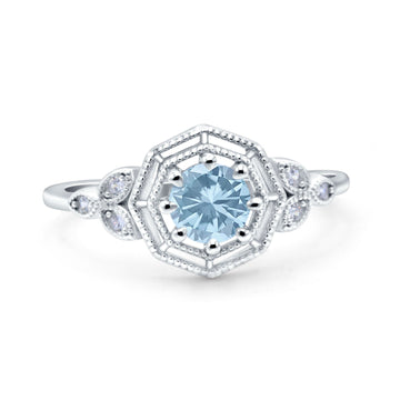 Art Deco Wedding Bridal Ring Marquise Design Round Simulated Aquamarine CZ 925 Sterling Silver